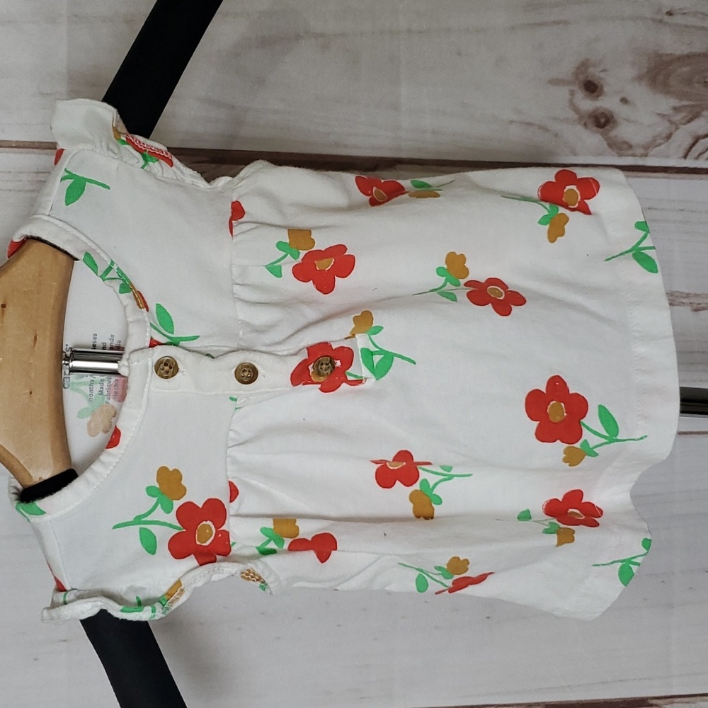Carter's Baby Girl Red Flower Short Sleeve Shirt Size 9 Months 100% Cotton